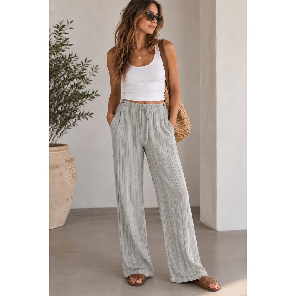 Zara Textured Cotton Wide Leg Pants Womens S Green Drawstring Pull On Coastal